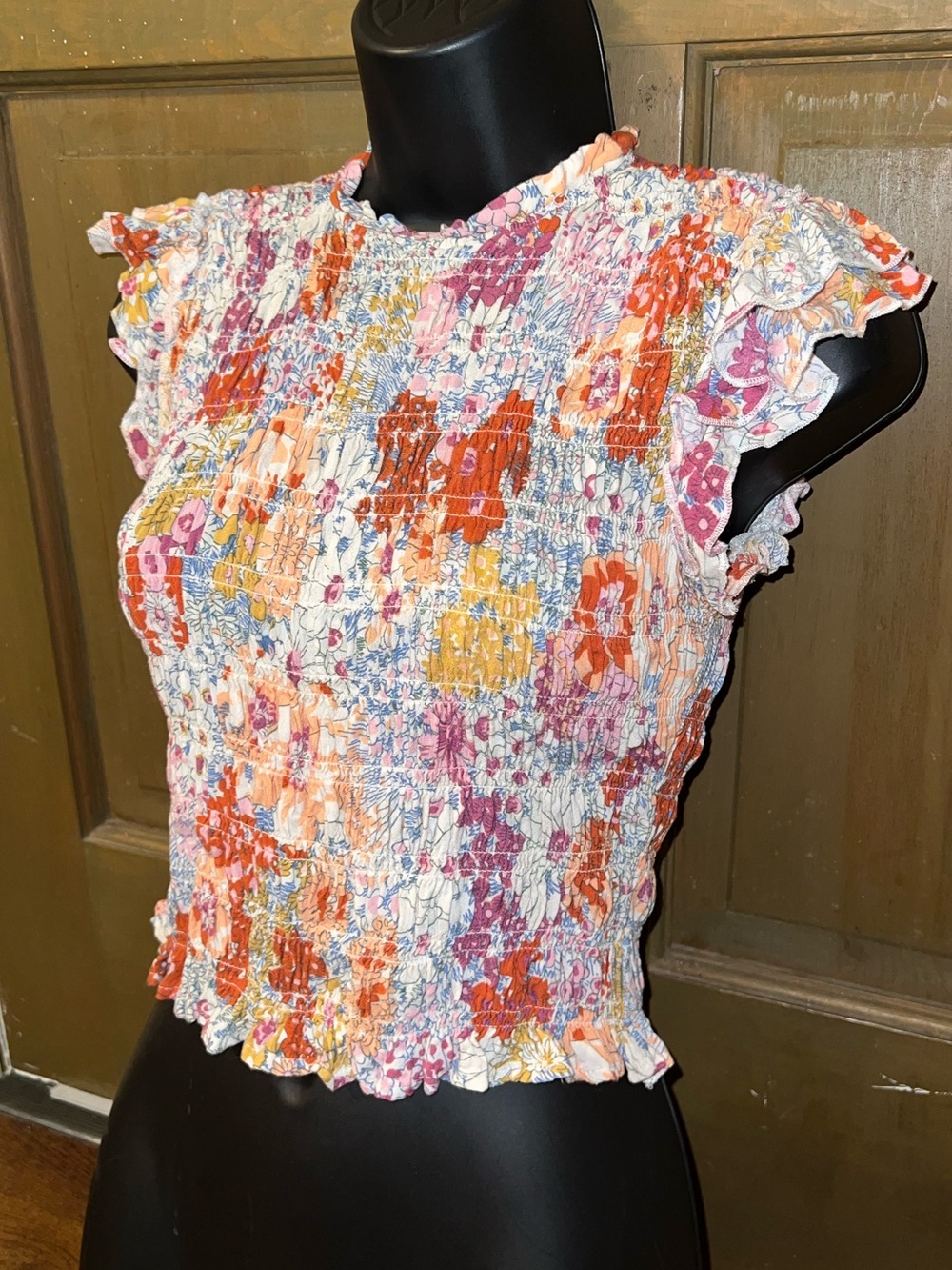 Liberty Love Floral Ruffled Smocked Crop Top Mock Neck Cottagecore Boho Size XS - Picture 3 of 11